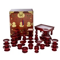춘향골 남원목기 남원 춘향 물푸레 복 제기 37p + 오동나무 제기함 (+향로상), 1box, 접시18,나물접시3,술잔3,잔대3,탕기3,식혜그릇1,향로1,촛대2,어틀1,편틀1,지방틀1,오동함1,향로상1