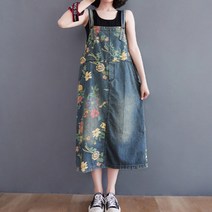 아이엠몽 여성용 오버핏 데님 플라워 패턴 멜빵 코롱 스커트