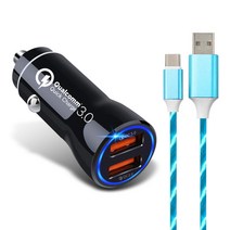 디씨네트워크 퀄컴 퀵차지 3.0 베네치아 차량용 시거잭 고속충전기 + LED 고속 충전 케이블 C타입 1m, 시거잭(블랙), 충전 케이블(블루), 충전 시거잭(PL-X3), 충전 케이블(단일 상품)