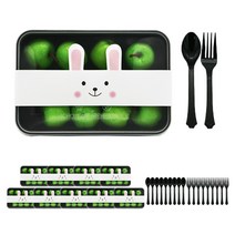 도나앤데코 PP내열 도시락용기 블랙 낮은한칸 10p + 뚜껑 10p + 토끼 띠지 10p + 검정스푼 10p + 포크 10p, 1세트