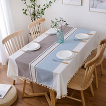 에이프릴16 북유럽감성 린넨 미니멀 테슬 식탁보, 브라운 + 블루, 140 x 180 cm