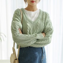 빼빼 여성용 케이블 꽈배기 브이넥 크롭 니트 티셔츠