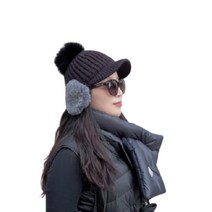 헬로버디 여성용 겨울 골프웨어 털방울 귀마개 니트 모자, 블랙