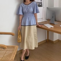 아뗄릭 밴딩 셔링 투톤 루즈핏 롱 원피스 00085
