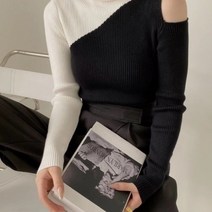 비비에모 여성용 숄더 오픈 골지 목 니트 티셔츠 00492