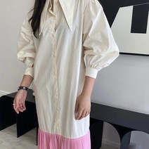 페이퍼먼츠 유니크컬러 배색 플리츠 롱롱 셔츠 원피스 00771