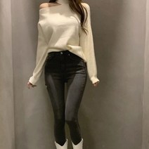 비비에모 여성용 반 오프숄더 목폴라 마론 니트 티셔츠 00520