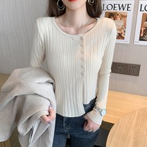 공블리 여성용 버튼 디자인 트임 언밸런스 긴팔 니트티 CST1486
