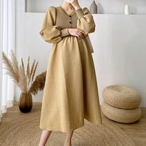 퍼프소매 브이넥 레이어드 와플 임산부 원피스