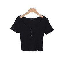 시크블랙 여성용 미카로 버튼 골지 크롭 반팔 티셔츠 T9341K23