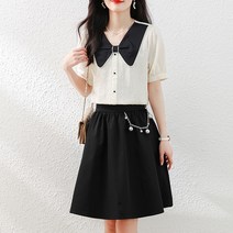 페이퍼먼츠 배색 소매 셔링 블라우스 플레어 미니 스커트 투피스 01874