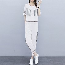 아뗄릭 여성용 캐주얼 라운드넥 반팔 티셔츠 + 밴딩 팬츠 트레이닝 세트 00780