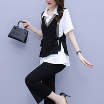 아뗄릭 카라넥 리본 스트랩 블라우스 부츠컷 8부 팬츠 투피스세트 00868