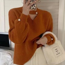 비비에모 여성용 트임넥 진주 포인트 니트 티셔츠 02084