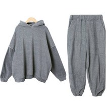 여성용 던얼리 박시핏 스티치 후리스 후드티 + 조거 팬츠 세트 cpset2400k2b