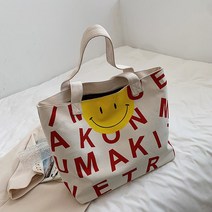소리달 여성용 스켓 스마일 레터링 캔버스 대용량 숄더 에코백