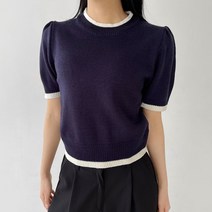 플랜데이 여성용 데일리 기본핏 배색라인 벌룬 반팔 니트