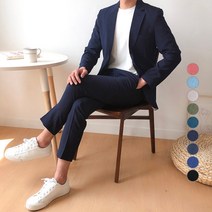 언탭트 남성용 썸머 린넨 투버튼 캐주얼 수트 자켓 + 긴바지 세트