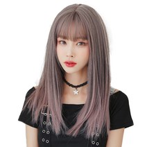 하이유니 스트레이트 펌 뱅 헤어 통가발 가발 52cm + 가발망 + 거치대 세트, 핑크브라운