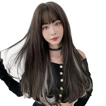 하이유니 브릿지 롤 펌 롱 헤어 긴머리 통가발 가발 65cm + 가발망 + 거치대 세트, 챠콜블랙 + 화이트