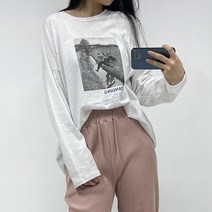 빼빼 여성용 포토 프린팅 라운드넥 오버핏 긴팔 티셔츠