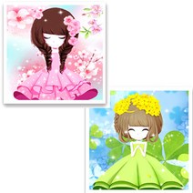 캔버스형 보석십자수 DIY 2종 + 액자, 봄꽃소녀 + 연두소녀, 1세트