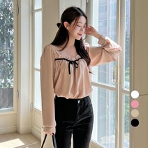 에비뉴비 여성용 스퀘어넥 리본 퍼프 블라우스