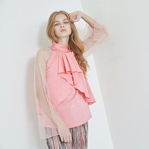 메쉬 슬리브 초커 블라우스 핑크 S