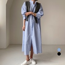보에리에 여성용 헨리넥 스트라이프 롱 원피스
