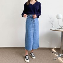 헤이진 허리끈 밴딩 데님 롱스커트