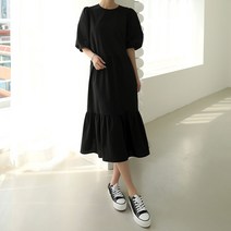 빼빼 여성용 라운드넥 반팔 티어드 면스판 롱원피스