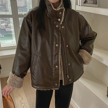 여성용 히든 버튼 하이넥 레더 무스탕