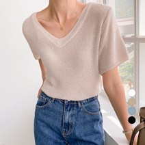 보에리에 여성용 부클 브이넥 언발 반팔 니트