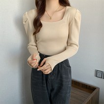 레몬소울 여성용 에크 골지 스퀘어 퍼프 니트티