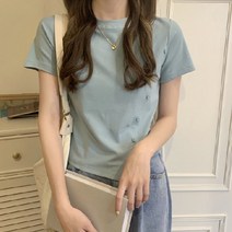 모네타 여성용 유니크라인 슬림 단추포인트 반팔 티셔츠