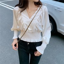 여성용 블랙101 펠릭 프릴 크롭 스모크 블라우스 CH-2316234