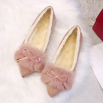 여성용 포근한 발 바닥 리본 스퀘어 퍼 플랫슈즈