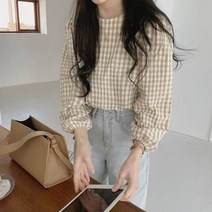 몬드스팟 여성용 고방 체크 라운드넥 블라우스 JN220