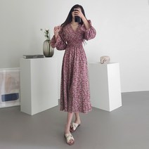 르엠마 꾸안꾸 반팔 롱 프릴 플라워 쉬폰 원피스