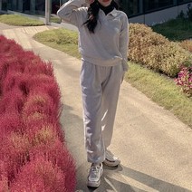 큐니걸스 여성용 155cm 기모안감 단작 단추 카라 맨투맨 + 밴딩 조거팬츠 세트