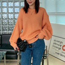 여성용 럽스 리비 골지 퍼프소매 라운드넥 니트