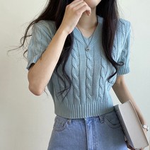 여성용 데일리 아리 꽈베기 크롭 브이넥 반팔 니트