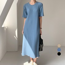 보에리에 여성용 플리츠 반팔 A라인 롱 원피스