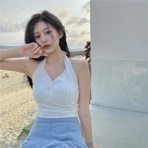 피어니스트 여성용 브이넥 니트 홀터넥 티셔츠