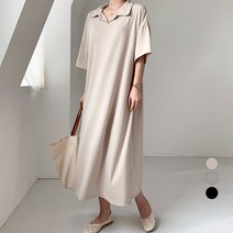 보에리에 여성용 오픈 카라 반팔 롱 원피스