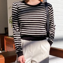 플렌데이 여성용 데일리 쇼바리 스트라이프 라운드 니트