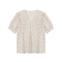 비엔엑스 브이넥 셔링 플라워 블라우스