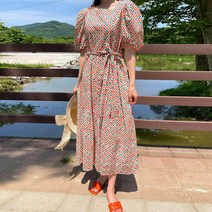 오키 여성 다이아 셔링 스퀘어 넥 원피스