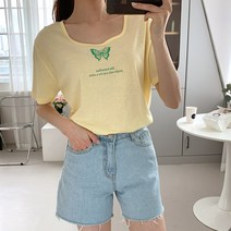 여성용 더리프 나비 스퀘어 반팔 티셔츠 T6865K14