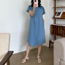 마이시즌 여성용 자수 청데님 반팔 원피스